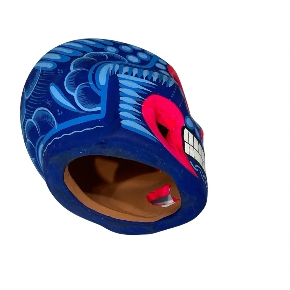 Mexican Clay Skull Hand painted Blue New